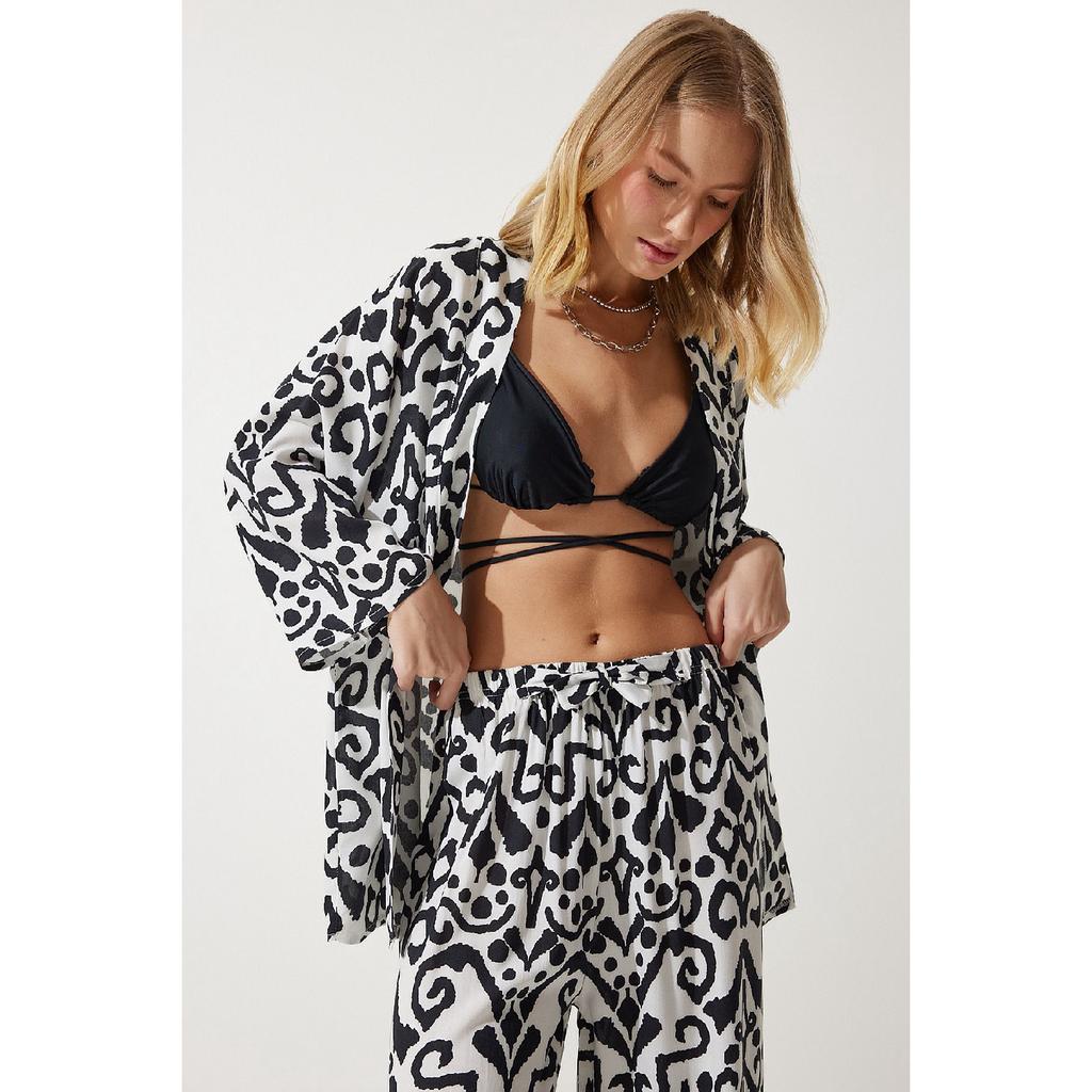 Zestaw damskich spodni kimono palazzo w kolorze pomarańczowym, wzorzystym En00614