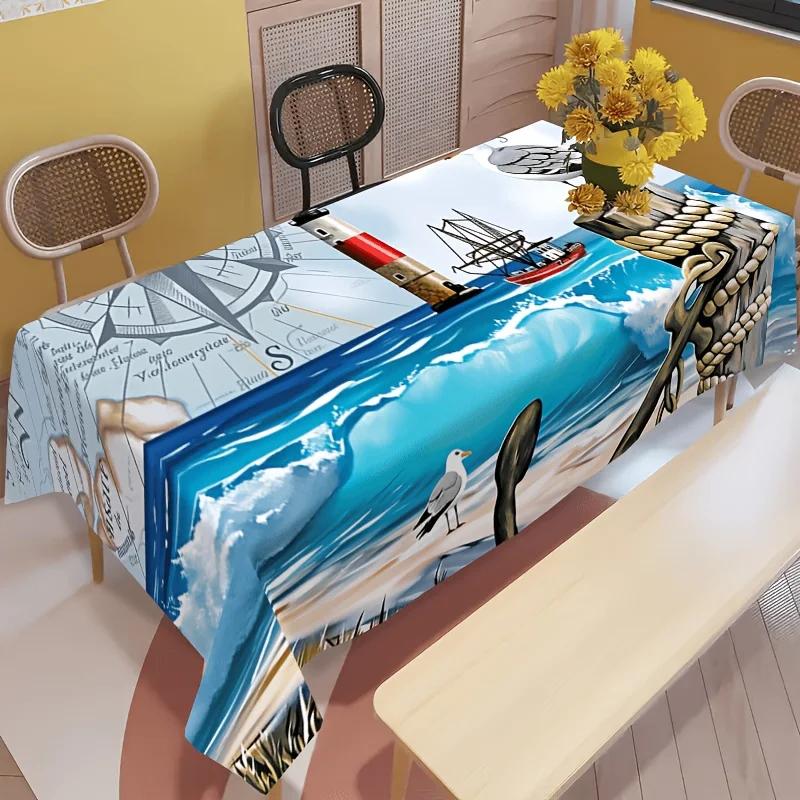 1 Stück Tischdecke im nautischen Stil, mit Dekoration zum Thema Ozean, rechteckige Tischdecke aus bedrucktem Polyester.PMJ