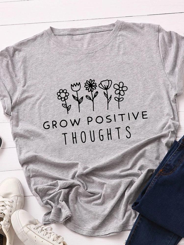 Lass positive Gedanken wachsen Pflanzen Print Damen T-Shirt Kurzarm O-Ausschnitt Locker Damen T-Shirt Damen T-Shirt Oberteile Camisetas Mujer