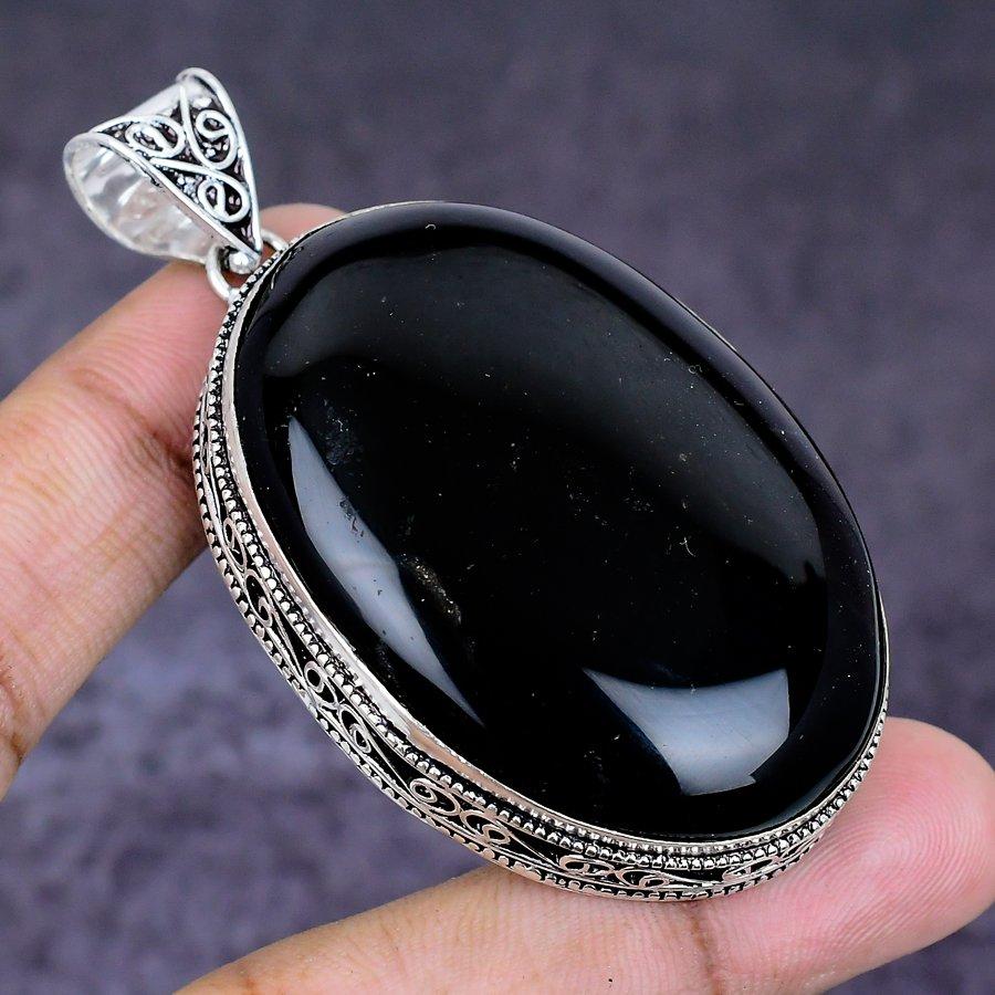 Natural Black Onyx Gemstone 925 Sterling Silver Jewelry Pendant 2.68" ETC-14686