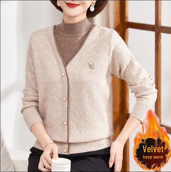 Elegant Plus Velvet Thickened Sweater: Warm Two-Piece Base Layer for Middle-Aged & Elderly Women