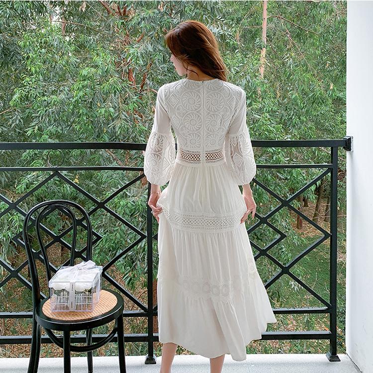 Spring Summer Women's White Long Dress Women Boho Lace Dresses Female Beach Holiday Hollow Out Dress Ladies Elegant Vintage Loose Vestidos