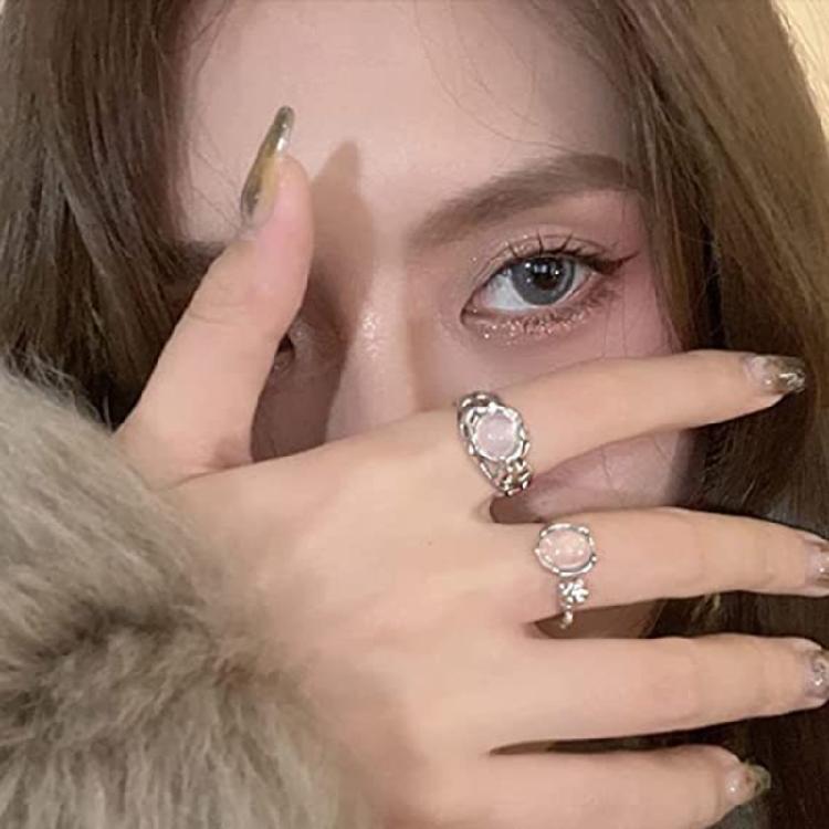 Hollow Moon Stone Rings for Women Y2K Flower Bud Open Ring Vintage Jewelry