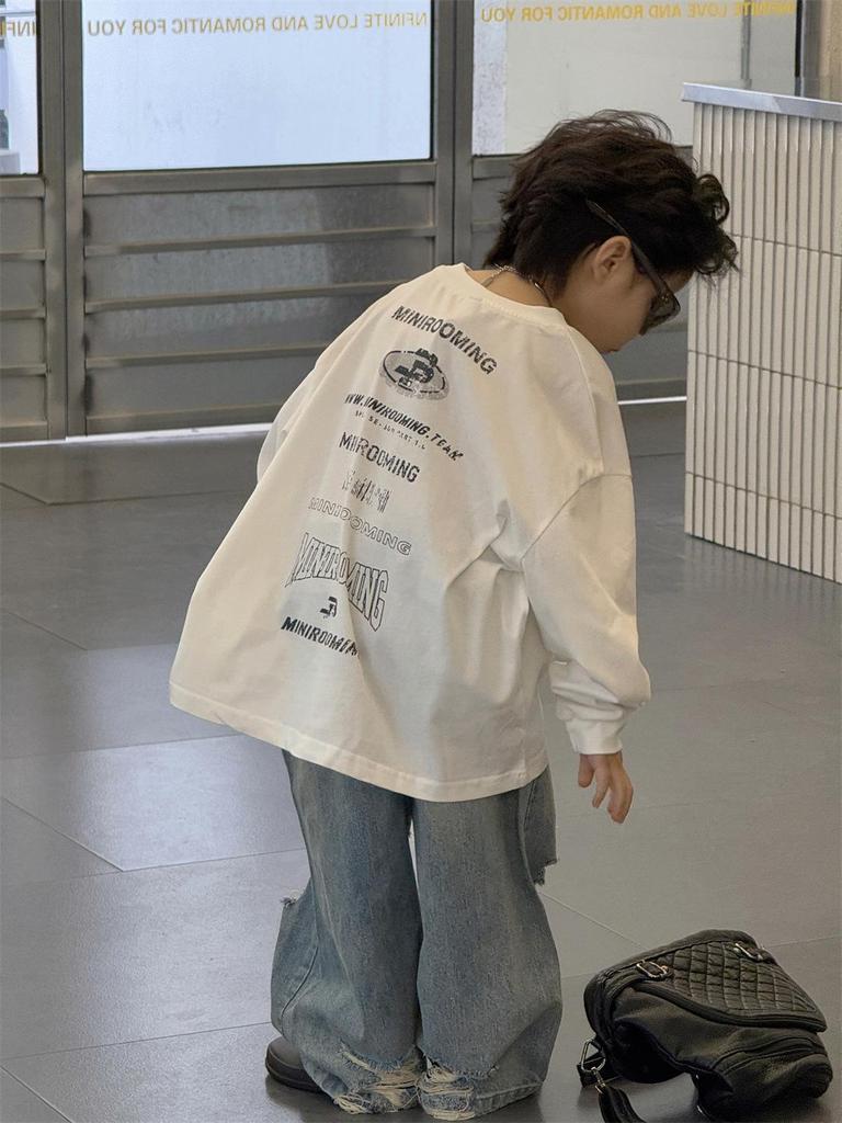 Wood Sheep Spring 2025 Kids' Wide-Leg Jeans with Ripped Hems - Trendy for Boys and Girls