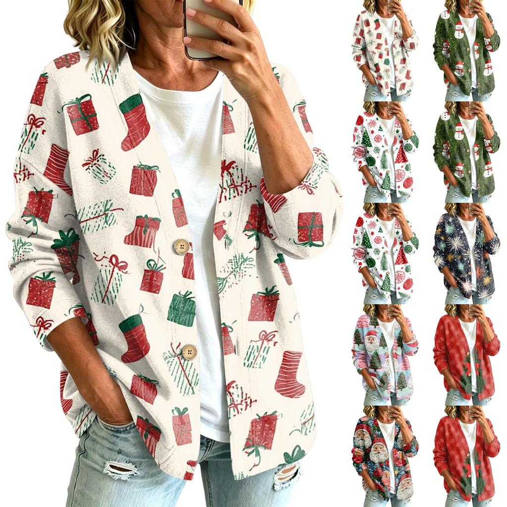 Women's Casual Christmas Print Button Jacket, Outerwear for Holiday Parties and Daily Wear