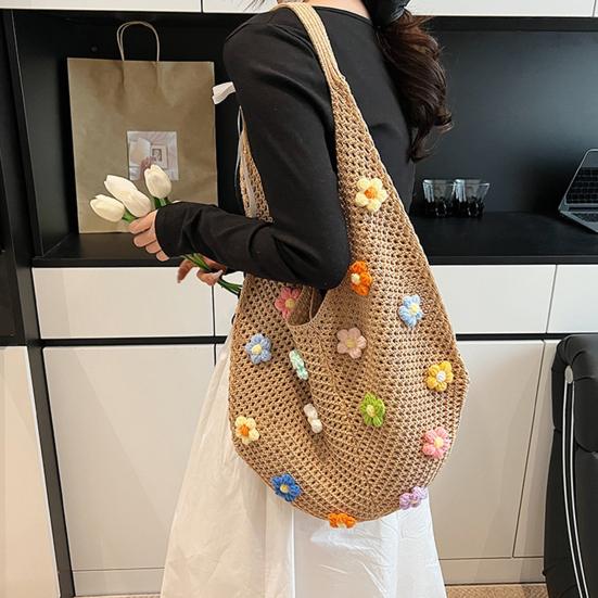 Sac à Bandoulière Bohème au Crochet Sac de Plage Tricoté avec des Fleurs Colorées Sac Cabas Léger Tissé pour Femmes Filles Vacances d'Été Voyage Pique-nique Shopping