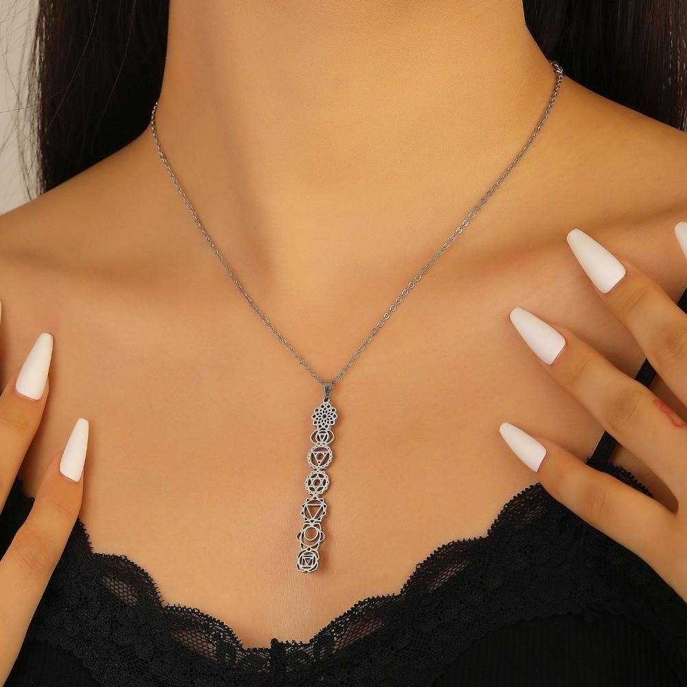 Stainless Steel 7 Chakra Pendant Necklaces Gold Color Yoga Meditation Jewelry for Yoga Practice серебряный