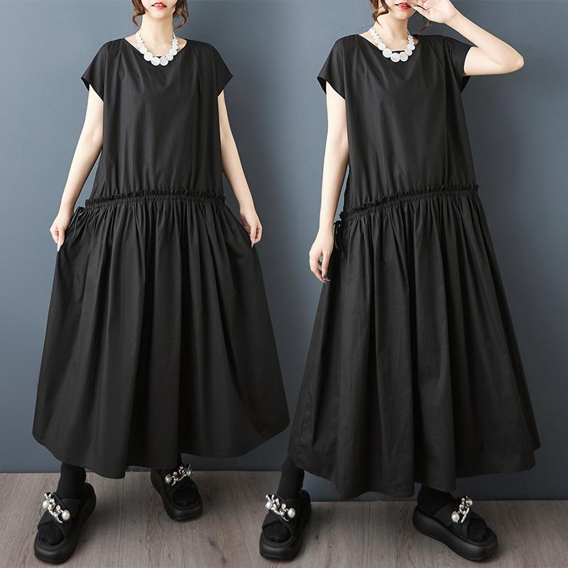 Dimanaf Plus Size Loose Dress Women 2025 Pleated New Summer Style Shirt O-Neck Black Dress