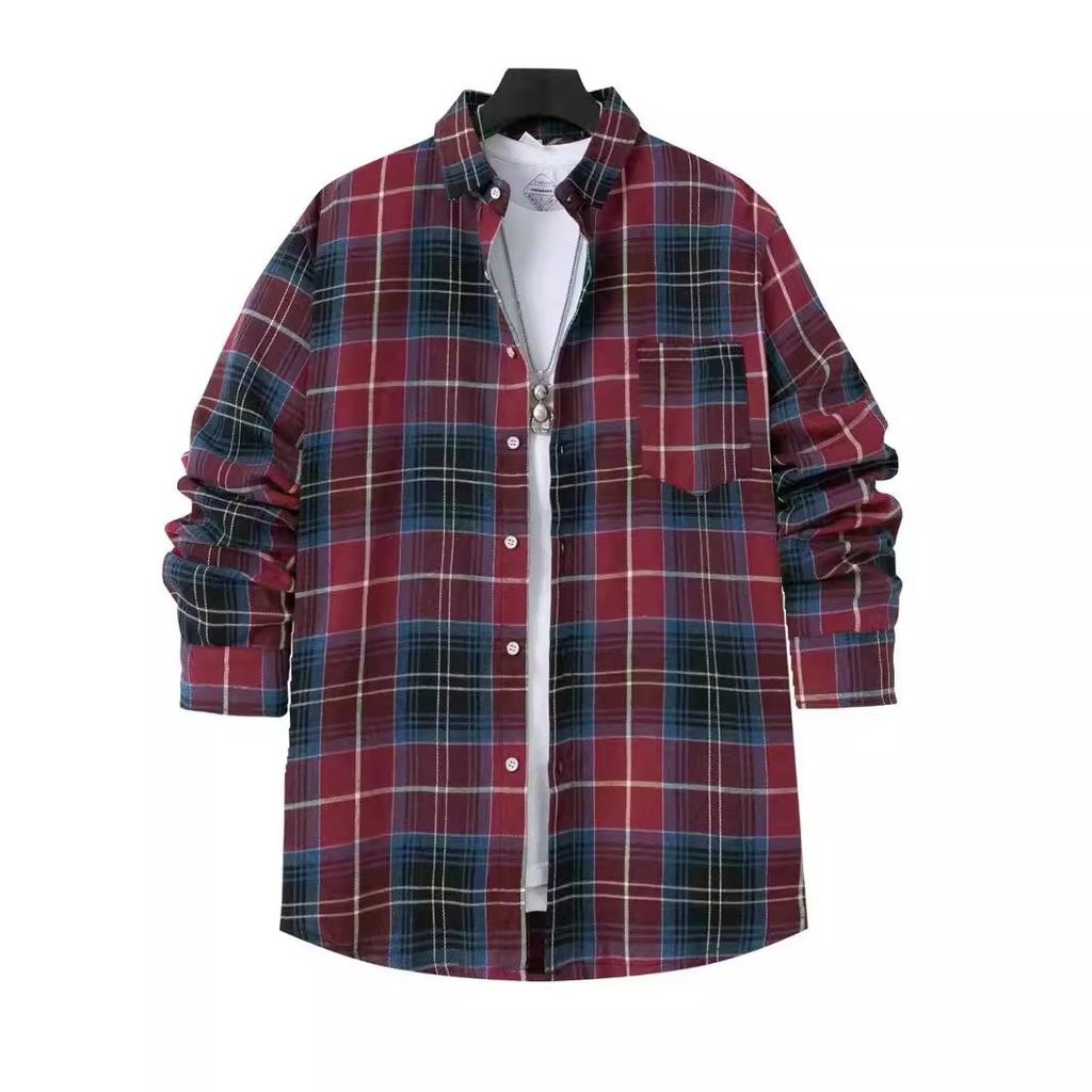 Autumn European and American Fashion Men's Brushed Thin Plaid Long-sleeved Light Mature Casual Shirt