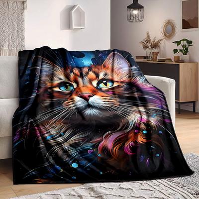 1pc Feline Whimsy Print Blanket   Lightweight Flannel Throw Blanket For Sofa, Bed, Living Room, Office, Outdoor Travel, Camping