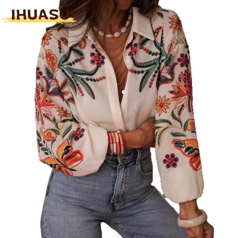 IHUASU Women's Fashion Casual POLO Neck Long Sleeve Blouses & Shirts