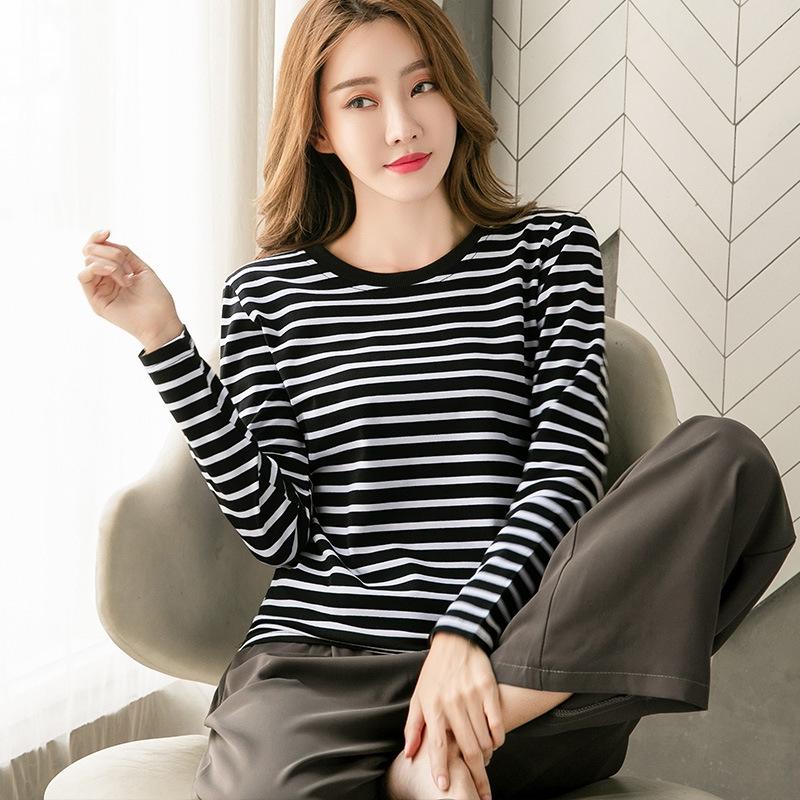 2024 Women's Loose-Fit Striped Long-Sleeve Cotton T-Shirt for Spring & Autumn, Age-Reducing, Plus-Size Slimming Top.