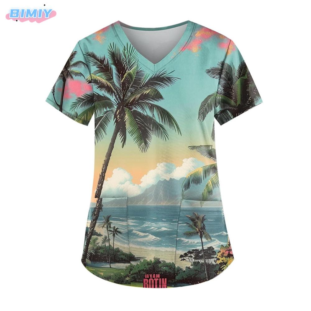 

Women s Scrub T-Shirt Nurse Shirt Coconut Palm Pattern V Neck Short Sleeve Tops Surgical Uniforms Woman Girls Ladies Clothing S