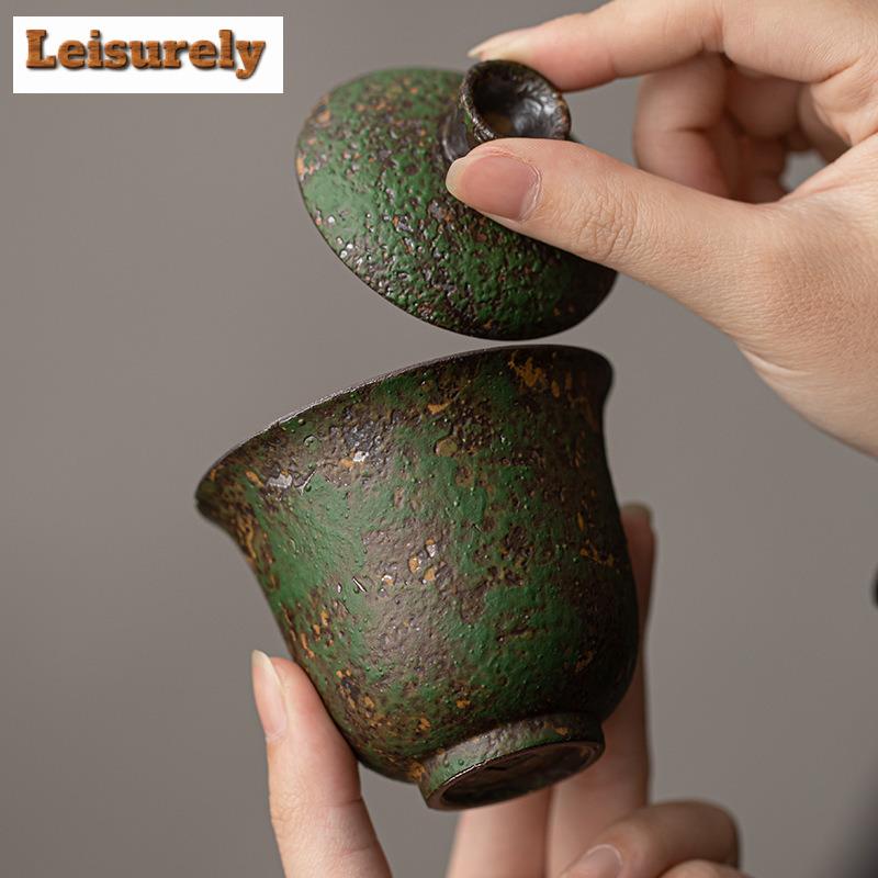 130ml Kiln Fambe Old Rock Clay Fairy Trail Green Gaiwan Ancient Tea Tureen Tea Bowl With Lid Kit Tea Maker Cover Bowl Cafes Gift