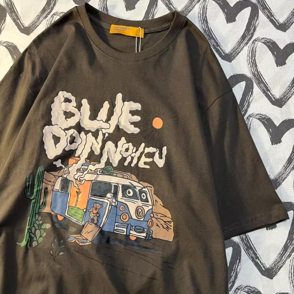 Please Pay Attention To American Retro Cartoon Print Short Sleeved T-shirt Trendy Cotton Loose Oversize Lovers Men Women T Shirt