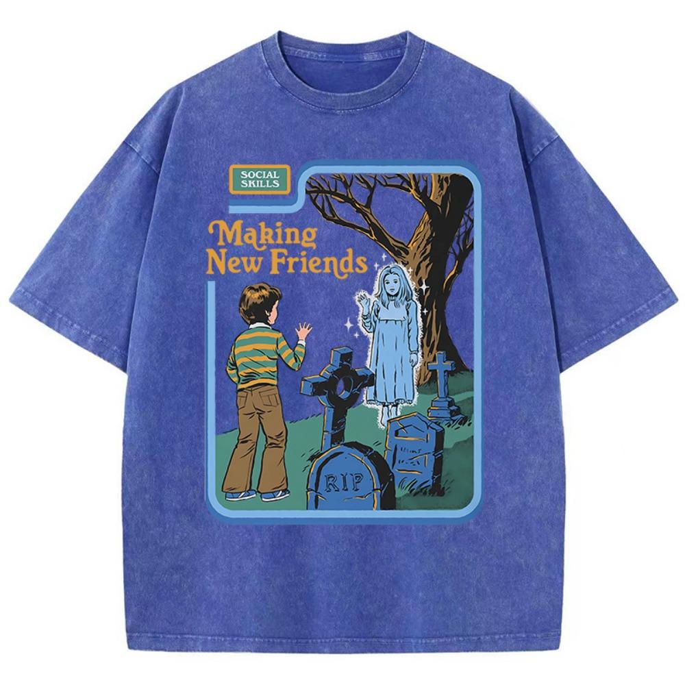 Social skills, making new friends, washed vintage women s T-shirt, hip hop breathable, casual loose fit S