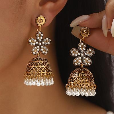 Bohemian Ethnic Style Alloy Bell Earrings Retro Flower Inlaid Rhinestone Tassel Stud Earrings Women Trendy Fashion Jewelry