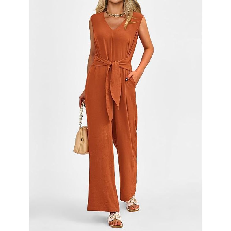 

Sleeveless Lace up V-neck Jumpsuit Sleeveless Shoelace Solid Color and V-neck One-Piece Pants Orange L