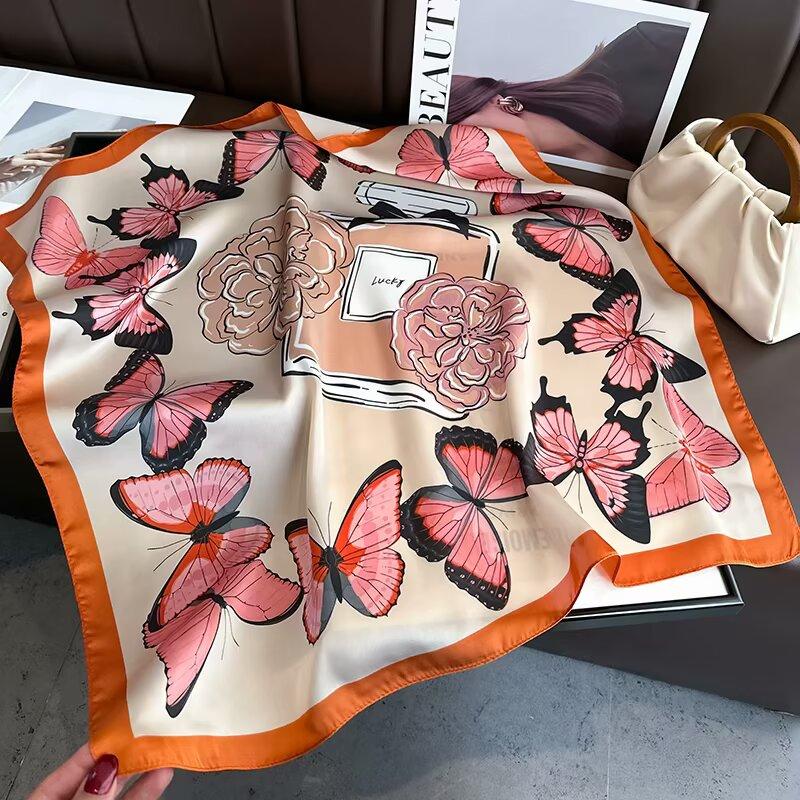 70Cmflower Butterfly Printed Silk Scarf Women Fashion Retro Floral Butterfly Printed Silk Scarf Elegant Temperament Shawl Turban