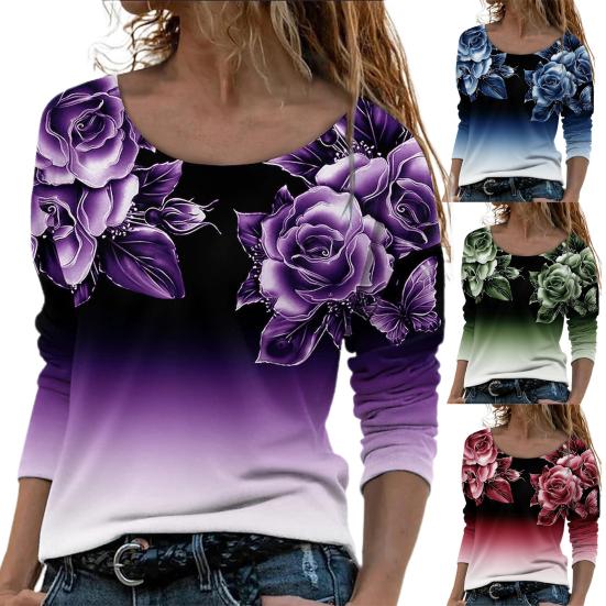 Women Blouse Plant Print Shrink Resistant Round Neck Vibrant Rose Spring Blouse for School