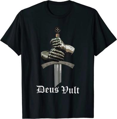 Deus Vult – T-Shirt mit katholischer Kreuzritter-Tempelritter-Rüstung, 100 % Baumwolle, O-Ausschnitt, kurzärmelig, lässiges Herren-T-Shirt, Größe S-3XL