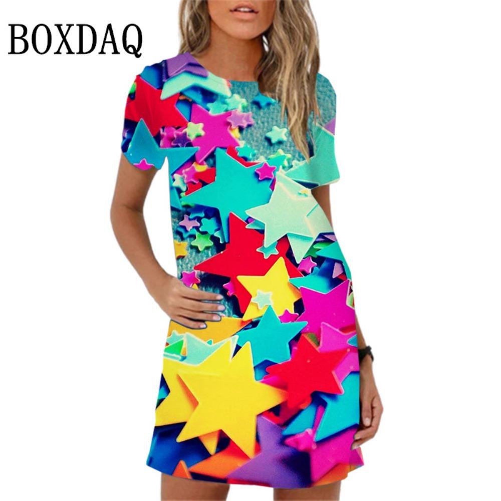 Elegant and sweet love pattern printed mini dress for women and girls, short sleeved, summer, spring, oversized sun dress