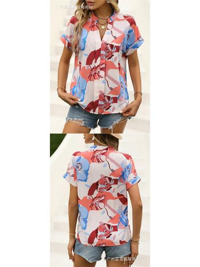 Women's Colorful Floral Print V-Neck Short-Sleeve Top - Summer Fashion