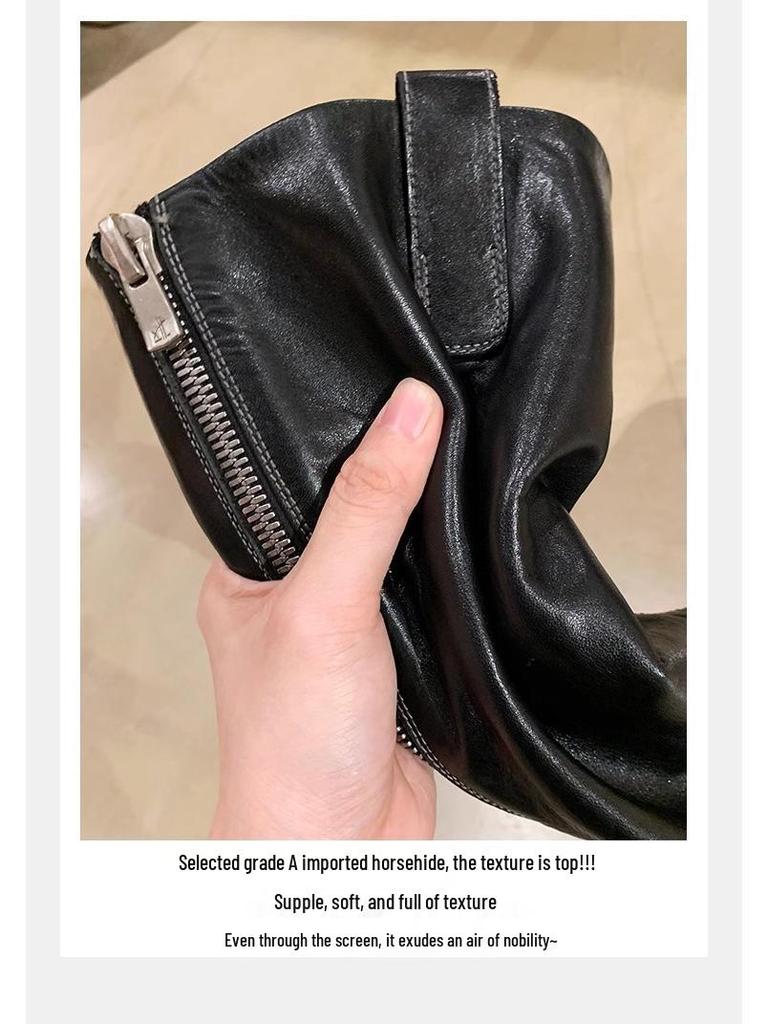 Introducing: Quick-Delivery Mom-Style Grape Boots – Wrinkled Horsehide, Round Toe, Thick Sole, Chunky Heel, Slimming Mid-Calf Knight Boots for Women.