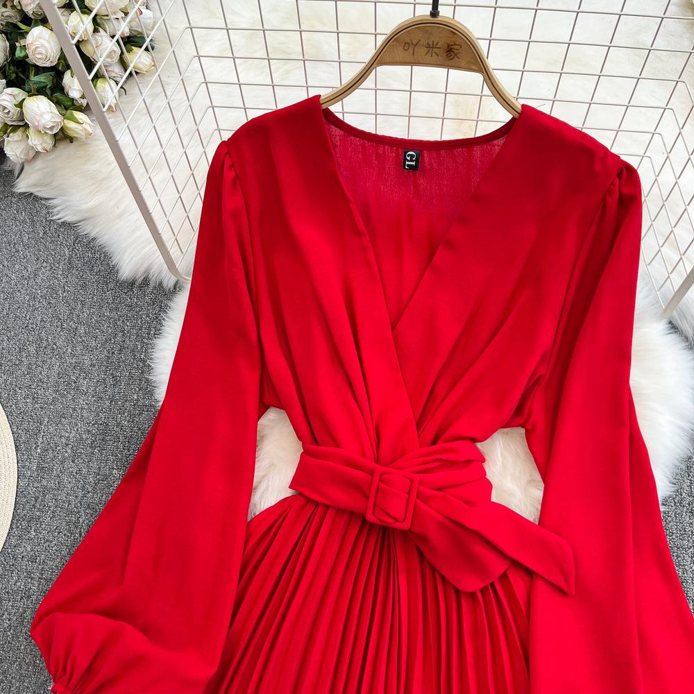 Damelykt Langermet V-hals Løs A-linje plissert Elegant kjole Vestidos Koreanske vårhøstkjoler