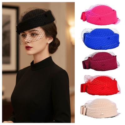 British Style Wool Bow Hat with Veil Mesh Stewardess Cap Fashion Topper Hat  Party