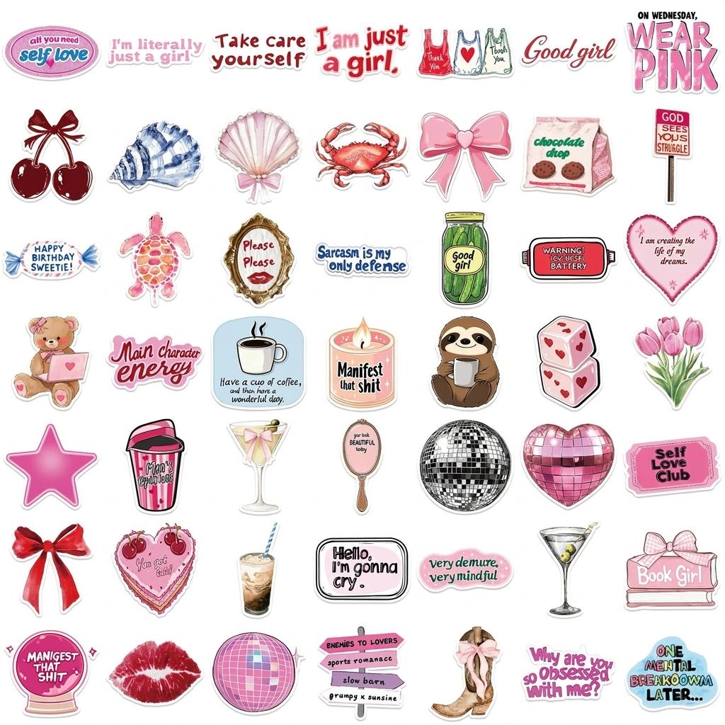 50Pcs Cartoon Motivational Girl Sticker PVC Waterproof DIY Decor Stickers for Guitar Laptop Luggage A розовый