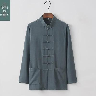 Men's Spring/Summer Bamboo Cotton Linen Tang Suit Shirt - Long-Sleeved, Casual Retro Kung Fu Tai Chi Style