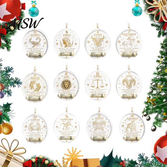 Hanging Decor for Showcase Christmas Tree Money Holder Pendant, Transparent Acrylic Round Ornament, 12 Holiday Gift Tags Zodiac Signs Theme Decorative
