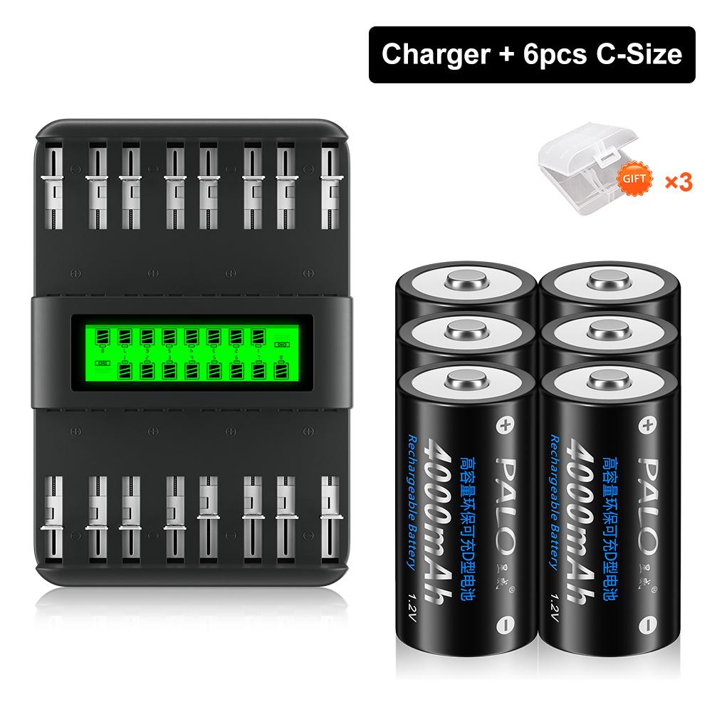 PALO 1.2V Ni-MH Rechargeable Battery C Cell 4000mAh (R14 LR14) with 8 Slot LCD Charger