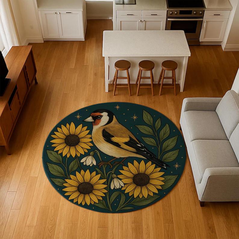 Golden Sun Garden Rug Yellow Green Round Carpet with Floral Sun Design Boho Celestial Rug for Artistic Joyful Home Decoration