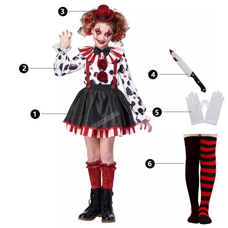 Costume de Clown Arlequin pour Filles Clown Bouffon Déguisement Cosplay Carnaval Personnage de Film Robe de Clown Déguisement d'Halloween 4-10 ans S(120) black