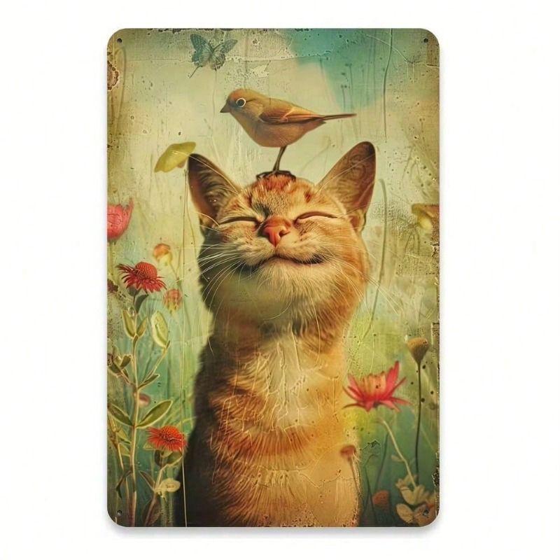 Vintage Metal Poster Wall Art Retro Red Cat Bird Flower Tin Sign