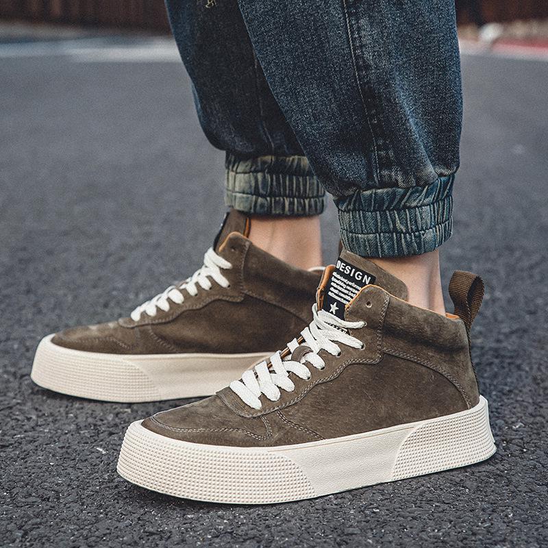 Men's Korean Style High-Top Skate Sneakers - Leather, Thick Sole, Height-Increasing, Trendy Casual Shoes for Teens (Spring/Autumn)