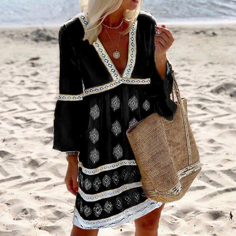 QICED Fashion Summer Spring 3/4 Sleeves V-Neck Casual Dresses
