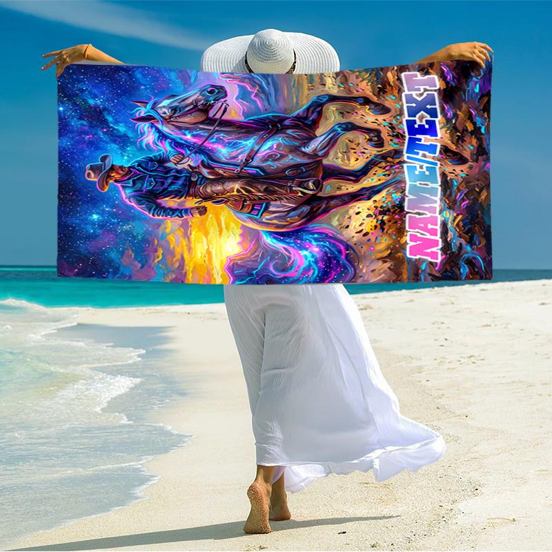 1PC Custom Name Cowboy Horse Sunset Beach Towel Highly Absorbent And Sand-Resistant Towel for Swimming, Pool, Yoga, And Travel Lightweight
