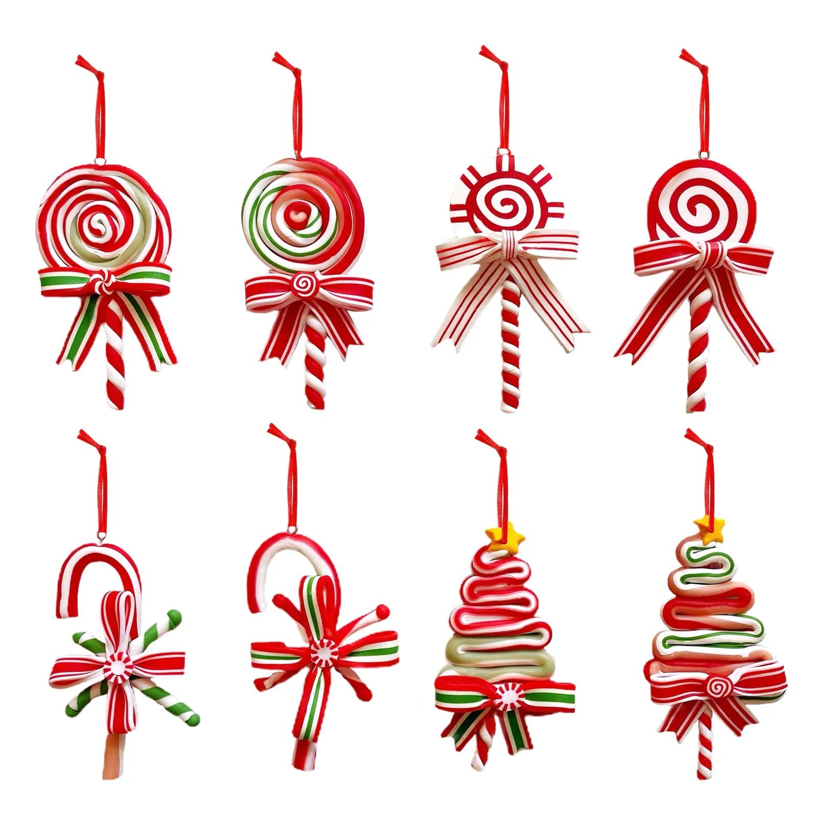 8pcs Christmas Candy Cane Hanging Ornament Soft Clay Decorative Pendant Hanging Candy Decor