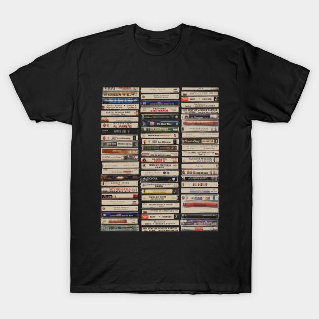 

Men Black Print T-shirt 80S Mix Tapes Vintage Music Casettes Retro Mixed Media No-Cut Transfer Paper Print Cotton Tshirt 2XL чорний