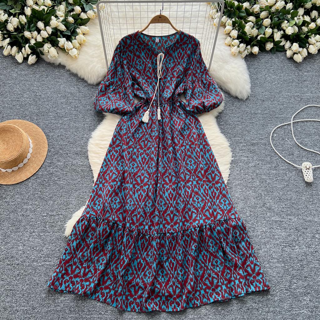 Elegancka Sukienka w Kwiaty Vintage dla Kobiet Letnie Sukienki Sznurowane w Talii Slim Y2k Bufiaste Rękawy Luźne Sukienki