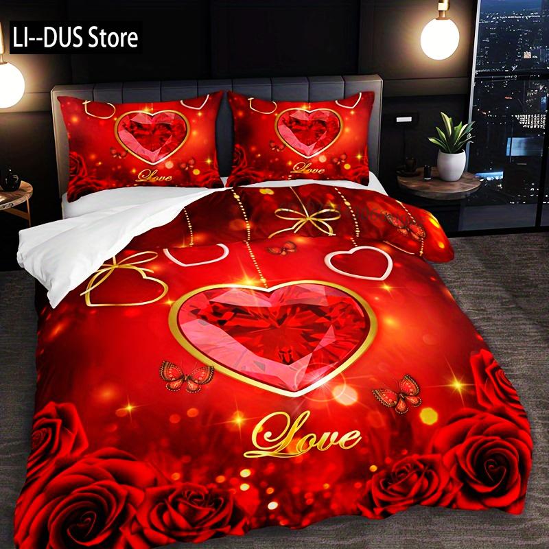 

Comforter 3Pcs Bedding Set Queen Size Romantic Red Heart Rose Floral Butterfly Letter Breathable Polyester For Bedroom Comforter (quilt)-EU Single(135*200cm)3pcs