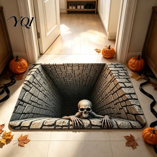 Durable Bedroom Floor Mat 3D Skeleton Halloween Rug, Spooky Optical Illusion Entrance Depth Decorative Living Room Rug Pattern Non-Slip for Decor