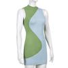 Net Trend New Geometric Stitching Color Contrast Slim Package Hip Pencil Skirt Round Neck Sleeveless Skirt Knit Women Dress
