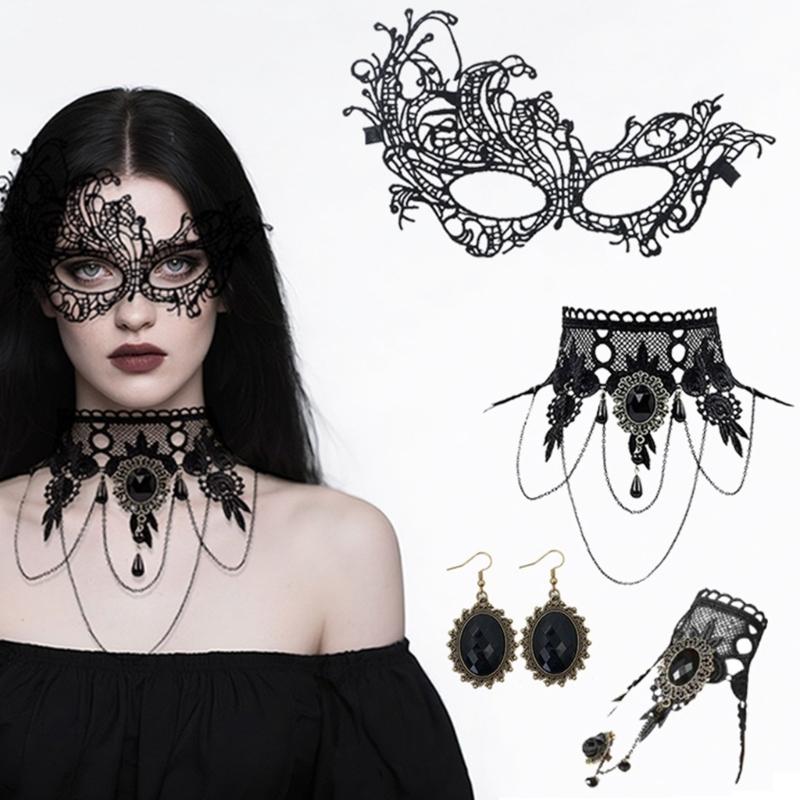 Gothic Lace Choker Necklace Bracelet Earrings Mask Eyemask Halloween Costume Accessories Jewelry for Women Girls Gift