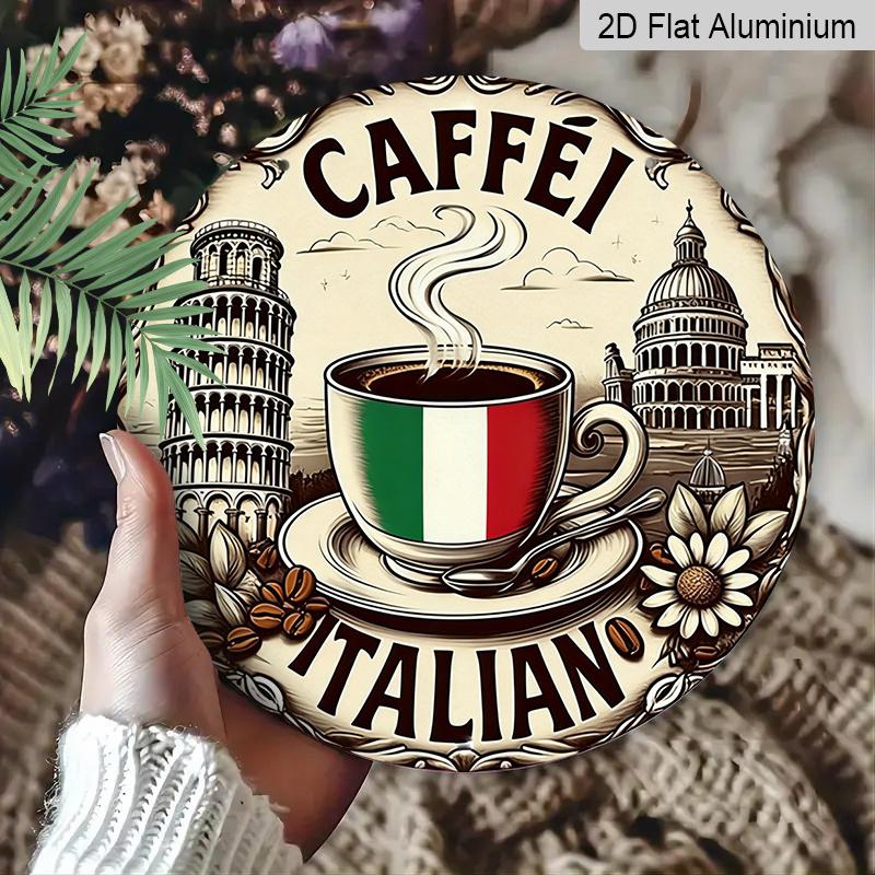 2D Flat, 1pc Caffe 7.87X7.87Round Aluminum Sign, Rome Landmarks Round Aluminum Sign, Italian Coffee Metal Tin Sign - European Style Rustic Metal Wall