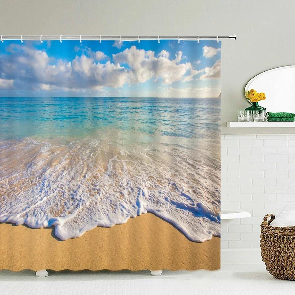 Seascape Beach Shower Curtains Bathroom Shower Curtain 3D Fabric Curtain Waterproof Curtain Easy To Install, Smooth and Silent