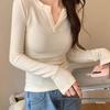 Korean Style Slim Fit Women's Cotton Long Sleeve T-Shirt with Half-Open Collar, Early Autumn Fashion.